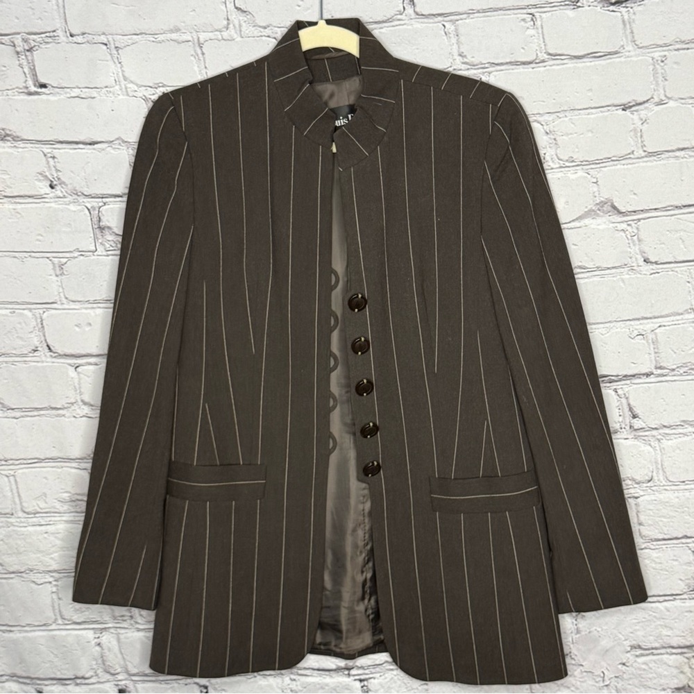 Louis Féraud Pinstripe Button Front Stand-up Collar Virgin Wool Women’s Blazer
